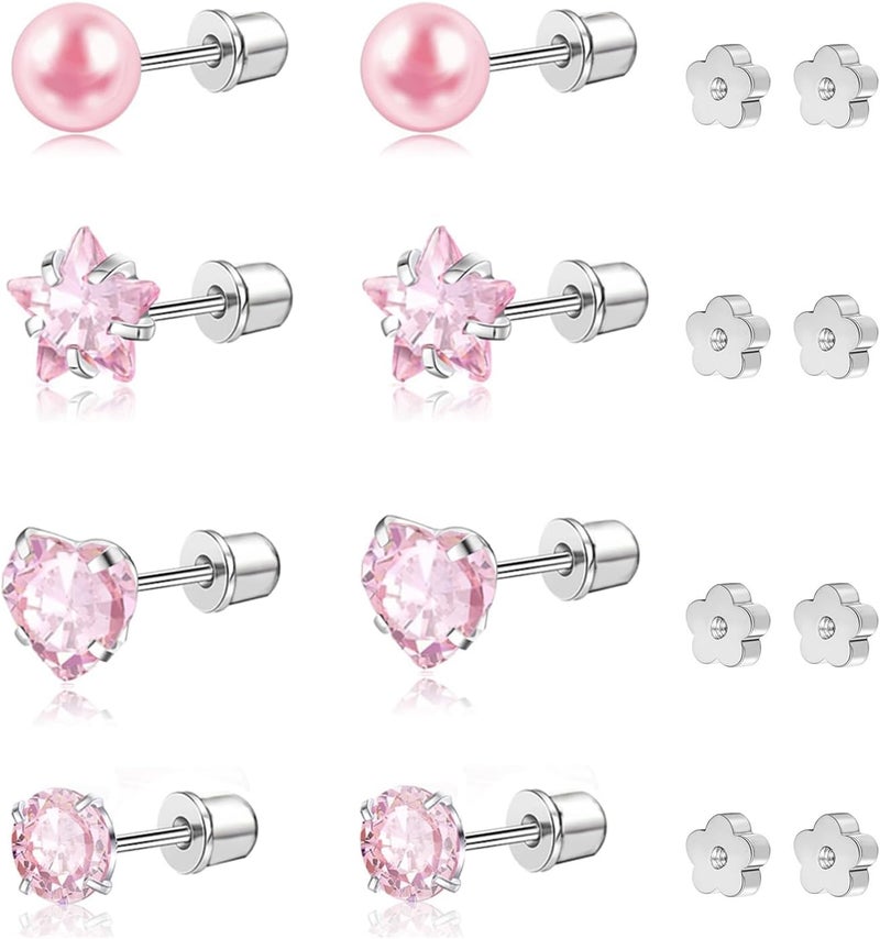 DALI Hypoallergenic 14K Gold Earrings for Girls Women, Toddler Screw Back Baby Earrings for Sensitive Ears Silver Kids Earrings Cute Flower Heart Star Ball Dot Mouse Titanium Flat Back Stud Earring Sets - Image 1